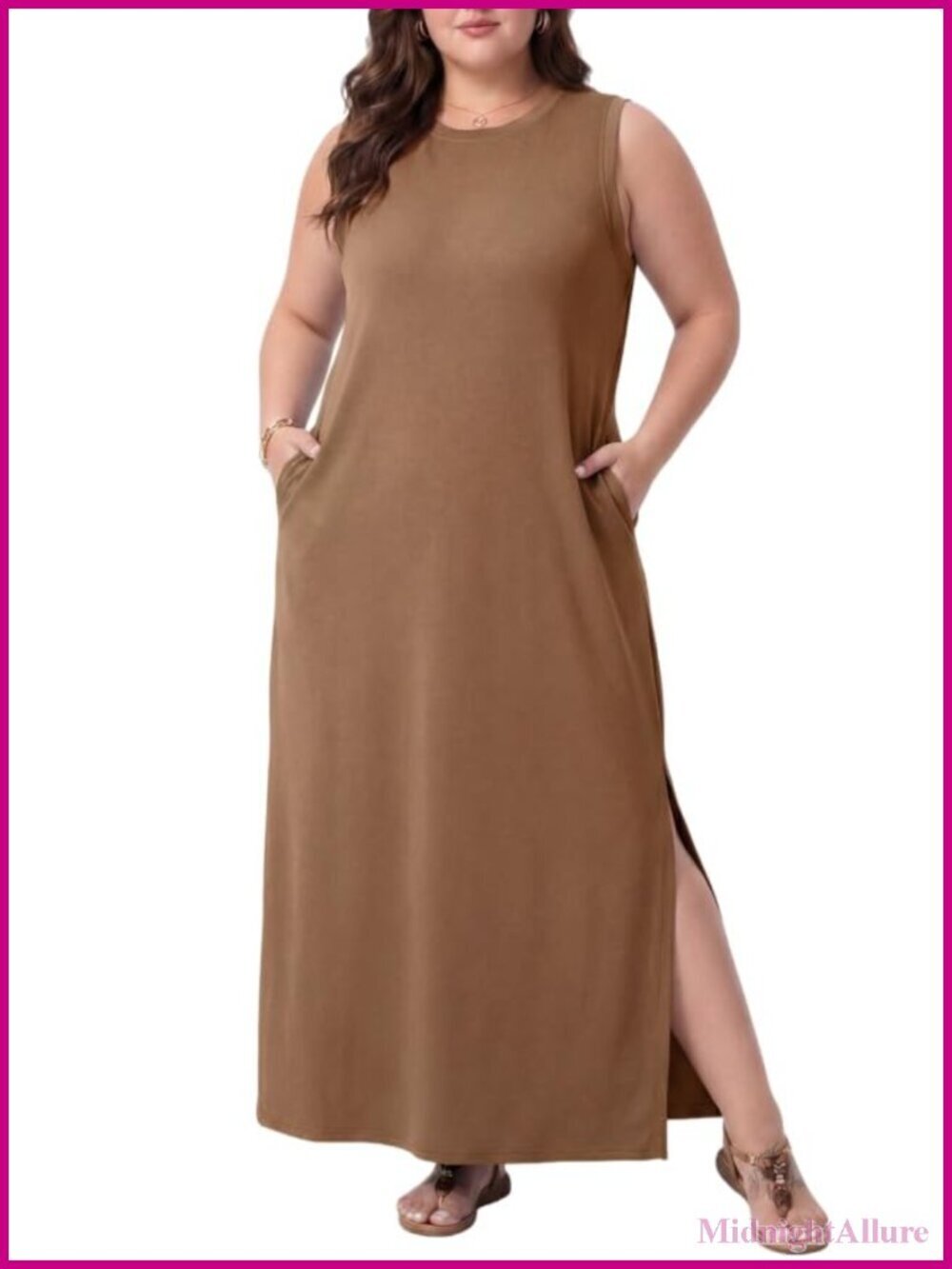 Plus Size Sleeveless Maxi Dress with Pockets Side Slit Summer Sundress